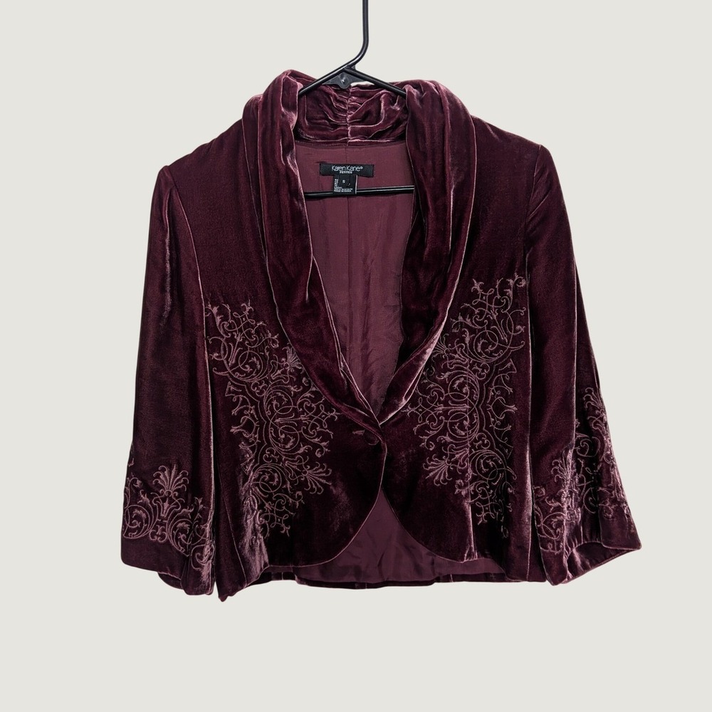 Karen Kane Petites Romantic Boho Velvet Embroidered Blazer Dark Pink Small P